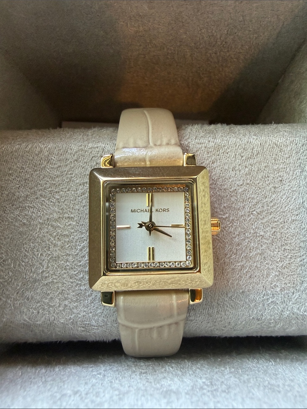Michael Kors Gold-Tone Square Watch with Beige Strap